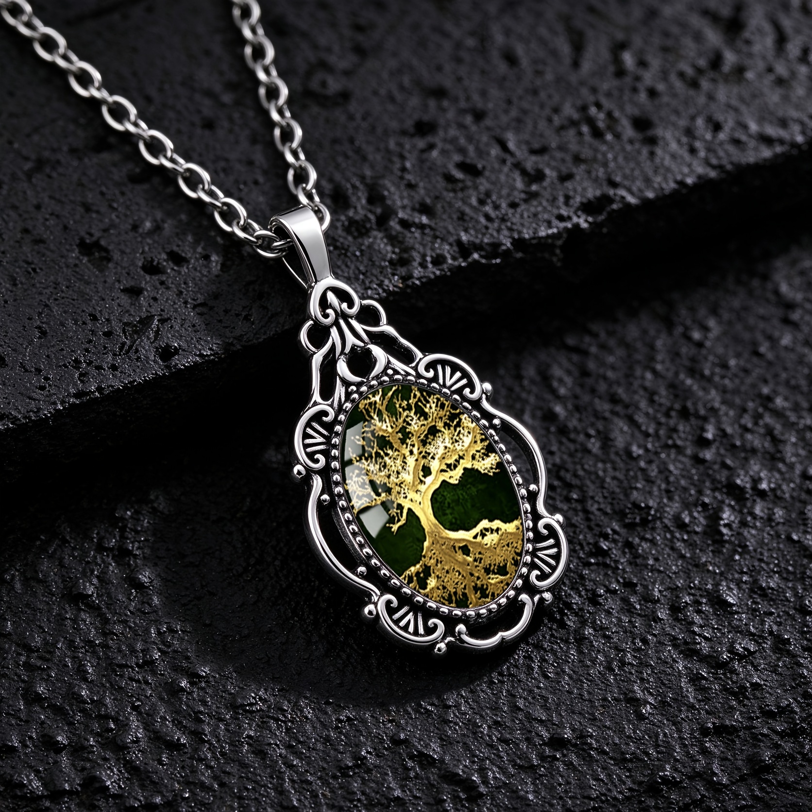 Men's Deep Green Life Tree Pattern Oval Glass Pendant Necklace